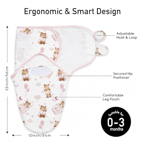 Image of GLLQUEN BABY Swaddles for Newborns 0-3 Months, Adjustable & Easy Fastener | 3-Pack, Baby Girl Swaddles Organic Cotton Womb-Like Nursery Swaddling Blanket reduces startle reflex, Soft & Skin-Friendly