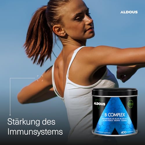 Vitamin B Komplex mit Vitamin C - 400 Tabletten (+12 Monate) - B Vitamine + B12, B1, B2, B3, B5, B6, Folsäure, Biotin, Cholin - Vegan, Hochdosiert - ALDOUS