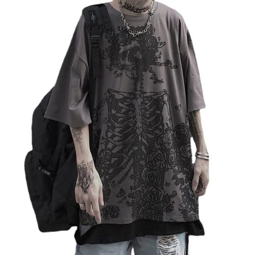 Women Man Y2K Skeleton T-Shirt, Punk Aesthetic Goth Skull Graphic Alternative Grunge Oversized Top Tshirts Streetwear