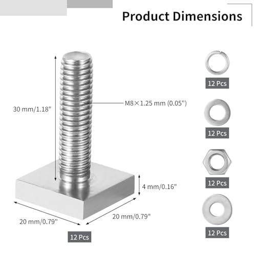 Image of 12 Pcs T Slot Bolts, M8x30 mm (1.18 inch) Four Square Head T-Bolts, Stainless Steel T-Track Bolt Adapters with Washers & Nuts for Roof Rack Cross Bars, Bike Kayak Racks