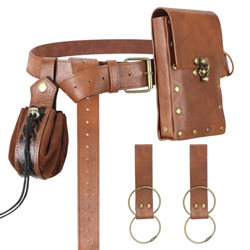 Renaissance Belt Pouch Medieval Viking Pirate Leather Bag Potion Bottle Set Skirt Hike Halloween Cosplay Costume Accessorie(Brown, Belt Pouch)