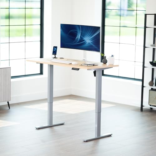 Image of VIVO Light Wood 55 x 28 in Standing Desk, DESK-KIT-1G55C | Electric, Holds 220 lbs, Sit Stand, Height Adjustable, Solid One-Piece Table Top, Memory Presets, 1B Series, Gray Frame