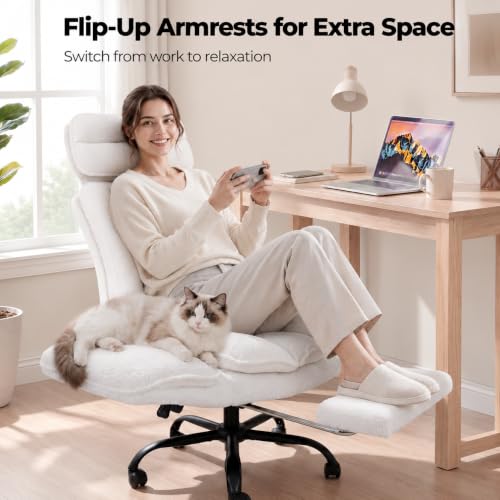 Image of Big and Tall Office Chair, Flip Armrests for Pets & Cross Legged Sitting | Executive Ergonomic Computer Gaming Chair with Foot Rest, Teddy Fleece Wide Seat Reclining Desk Chair, White Vanity Chair