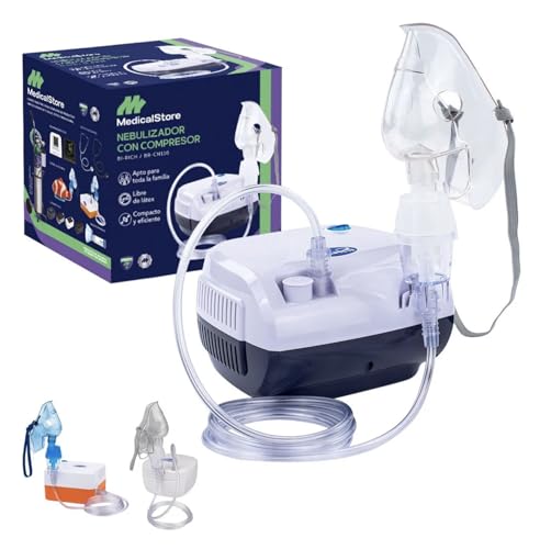 Medical Store Nebulizador Adulto e Infantil Super Silencioso Modelo CN116, Contiene Kit de Mascarilla Adulta e Infantil, Boquilla en T, Narizera, Manguera de Aire, Taza Nebulizadora y Repuestos para Filtros de Aire, Color Azul.