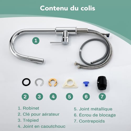 Robinet évier réglable eau chaude froide avec douchette anti éclaboussures - 8