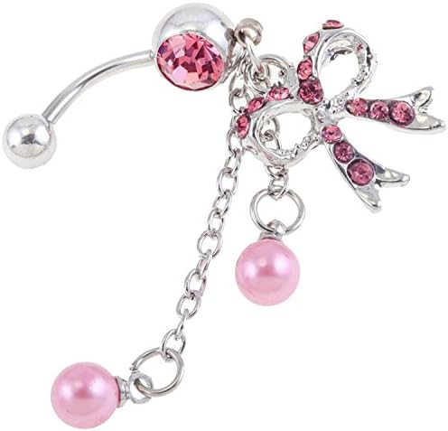 VAGASHOP Belly Button Ring 316L Surgical Steel Navel Piercing Silver Bananabell Barbell 14 Gauge with Long Dangle Pendant, Bowtie Bow Hanging Decoration and Pink Pearls Beads