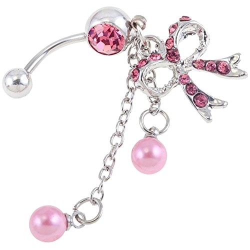 Vagashop Belly Button Ring 316L Surgical Steel Navel Piercing Silver Bananabell Barbell 14 Gauge With Long Dangle Pendant, Bowtie Bow Hanging Decoration And Pink Pearls Beads #TOP1