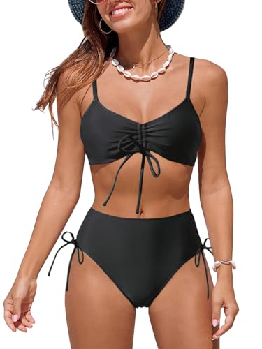 NLAND Costumi da Bagno Mare Donna Costume Due Pezzi Ruched Bikini Set EstateRegolabile Reggiseno Spiaggia con Slip Vita Alta(Nero L)