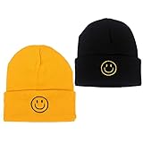 AJG Black Beanie Hats for Men,Smile Face Embroidered Acrylic Soft Winter Hats for Women-Black & Yellow (2 Pack)