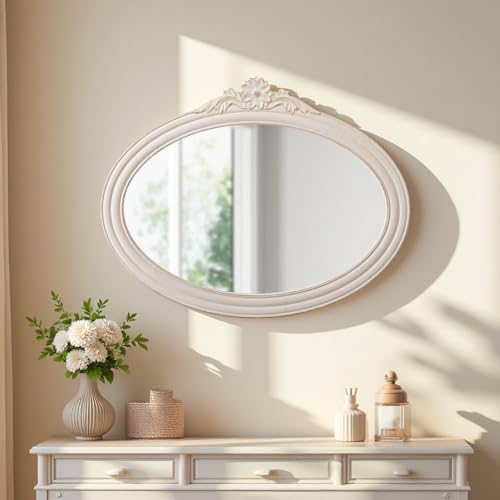 Sintosin Vintage Oval Mirror, Distressed White, 24 X 30 Inch
