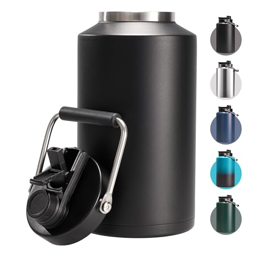 Fijinhom One Gallon Insulated Water Bottle for Travel: 2-in-1 Straw and Spout Lid, Keep Cold 24Hrs, Leakproof, 128oz Water Jug With Handle, Vacuum Stainless Steel for Sports, Hiking, Trip (Black)