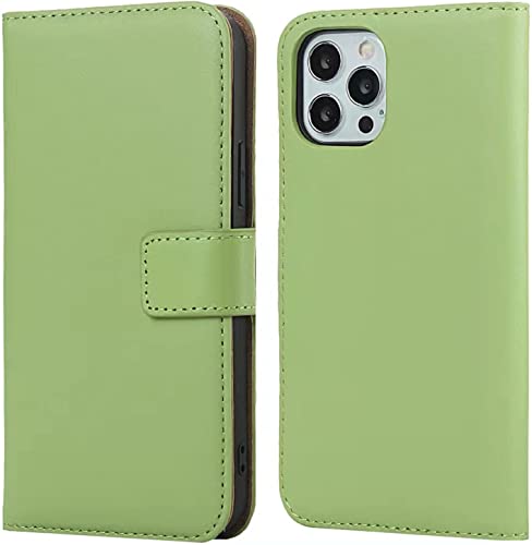 Étui pour iPhone 13 Pro Max avec clapet et fente carte en cuir véritable vert