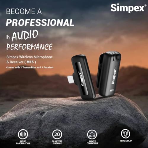 Image of Simpex M15 Wireless Microphone & Receiver with Type C, Noise Cancellation, Mic Suitable for Vlog You Tube Live Streaming Video Recording and More.