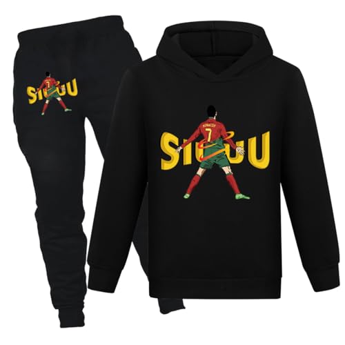 Image of Forlcool Kids Unisex Football Kit Hooded Long Sleeve and Pants 2pcs Tracksuit Age 3-13 Years (Black,9-10 Years,9 Years,10 Years)
