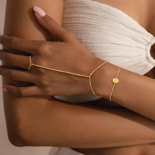 Gold Hand Chain Bracelet for Women - Dainty 14k Real Gold Plated Minimalist Finger Ring Bracelet Stack Letter A-Z Initial Link Charm Bracelets Non Tarnish Trendy Jewelry Gifts4