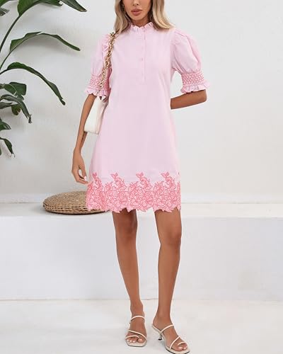 Women's Summer Embroidered Mini Dress Short Puff Sleeve Ruffle Collar Button Front Shift Dress2