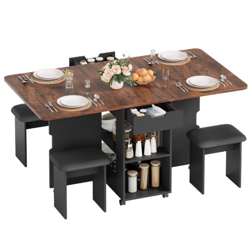 Mondeer Folding Dining Table and Chair Set for 4, 140 x 80 cm Drop Leaf Table with 2 Drawers and Storage Shelving, Compact Table with 4 Cushioned Stools for Kitchen and Living Room
