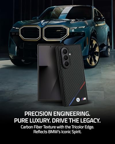 Image of CG MOBILE BMW [Official Licensed] M Collection | Magnetic System, PU Leather & Carbon Case | Tricolor Stripe & Metal Logo Protective Case /Cover Designed for Galaxy Z Fold 7 - Black