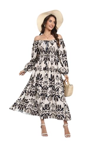Image of OSTOO Women's 2026 Casual Long Sleeve Square Neck Smocked High Waist Flowy Maxi Dress,Boho Tiered Beach Party Dress