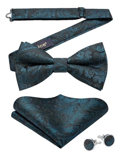 Image of HISDERN Bow Ties for Men Pretied Bow Tie Set Paisley Classic Bowties and Pocket Square Cufflinks Set for Wedding Party