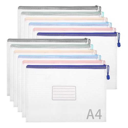 A4 Plastic Wallets Folders, 12 Pcs A4 Zip Wallets Plastic Folders Mesh Document Zip Bags with Sticker Card for School, Home, Office and Travel