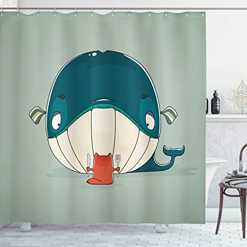 ABAKUHAUS Whale Shower Curtain, Greedy Little Cat Sitting down to Dine on a Huge Fish Dinner of Whale Cartoon