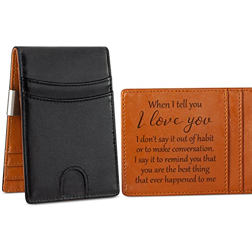 Kullder Engraved Men's Leather Slim Wallet with Money Clip - RFID Card Holder for Husband, Boyfriend or Man Gifts