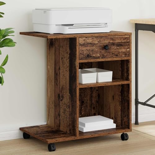 GeenYuu Soporte para impresora, madera vieja, 60 x 40 x 68,5 cm, con ruedas, portátil como mesa de impresión y carrito auxiliar para oficina, oficina en casa, espacio de almacenamiento y bandeja