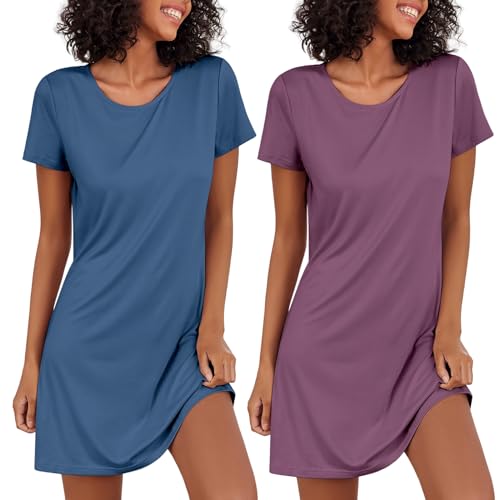 Ekouaer Ladies Nightie 2 Pack Short Sleeve Nightdress Nightgowns Summer Nightdresses for Women uk, Blue+Purple, XXL