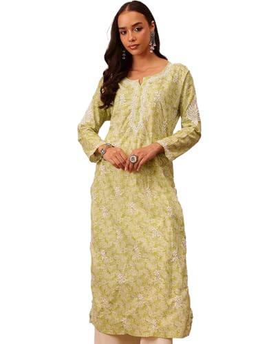Image of Ada Women's Cotton Straight Fit Straight Hand Embroidered Lucknowi Chikankari Kurta Kurti A411378