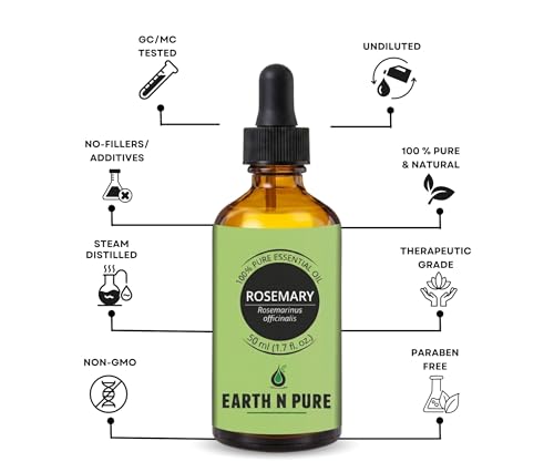 Image of Earth N Pure Rosemary Essential Oil | 100% Pure, Natural & Undiluted | Steam Distilled Rosemary Oil for Hair, Scalp, Skin, Aromatherapy & Diffuser | Vegan & Cruelty-Free | 50ml