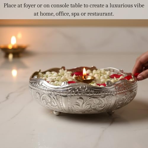 Image of Decorative Embossed Urli German Silver Bowl | Aluminium Urli Pot for Floating Flowers and Tea Light Candles Home Office Diwali Decoration Items Medium 10inch