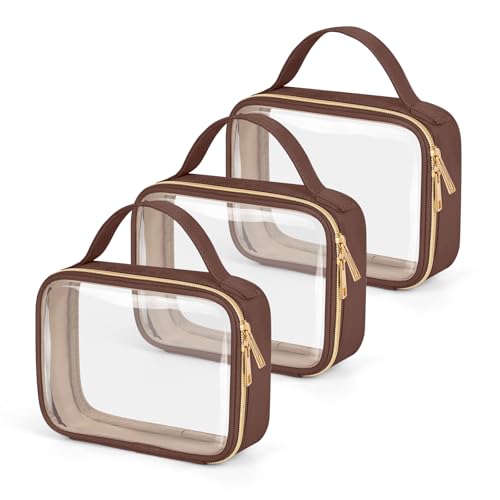 Image of Wedama TSA Approved Toiletry Bag, 3 Pack Clear Makeup Bags with Handles, Quart Size PVC Clear Cosmetic Bags for Women and Men, Carry on Airport Airline Compliant Bag, Brown