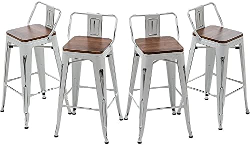 Andeworld Bar Stools Set of 4 Counter Height Stools Industrial Metal Barstools with Wooden Seats( 24 Inch, Distressed White )