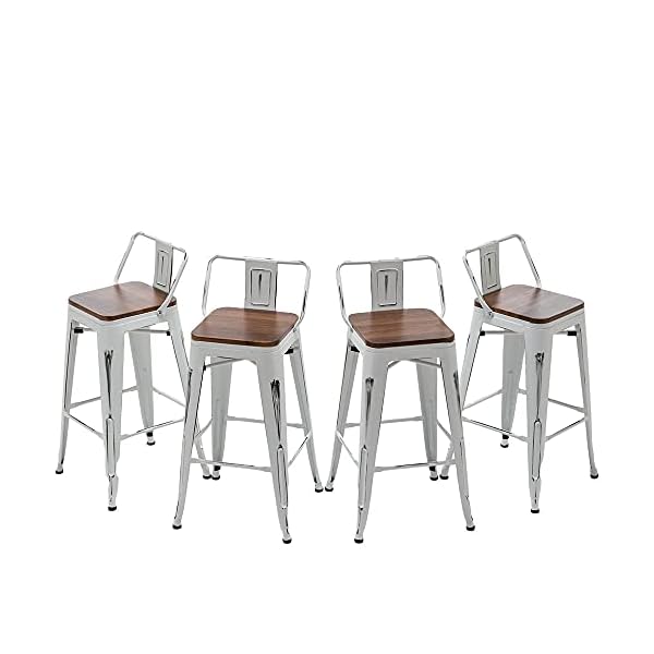 Andeworld Bar Stools Set of 4 Counter Height Stools Industrial Metal Barstools with Wooden Seats(24 Inch, Distressed White)