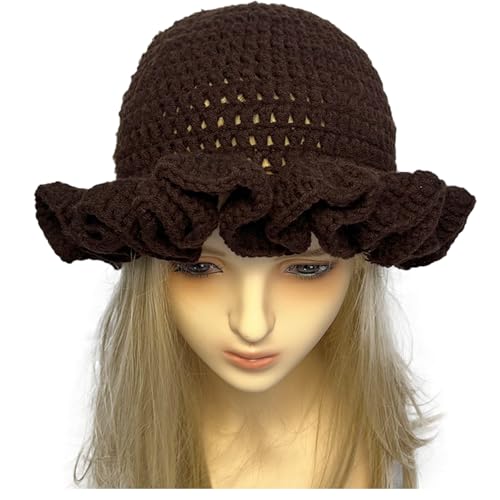Hshsclth Crochet Hat Knitted Bucket Hats Solid Color Fashion Ruffled Brim Floopy Bucket Hat for Women (US, Alpha, One Size, Brown) - image 5