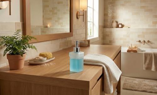 Image of Luxury Frosted Glass Soap Dispenser with Chrome Pump | Square Modern Design | Refillable Hand Lotion & Liquid Soap for Bathroom & Kitchen Countertop (SQ NBottle)