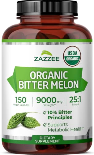 Zazzee USDA Organic Bitter Melon 25:1 Extract 10% Bitter Principles 150 Vegan Capsules 5 Month Supply Extra Strength Momordica Charantia Antioxidant & Metabolic Support Non-GMO Made in the USA