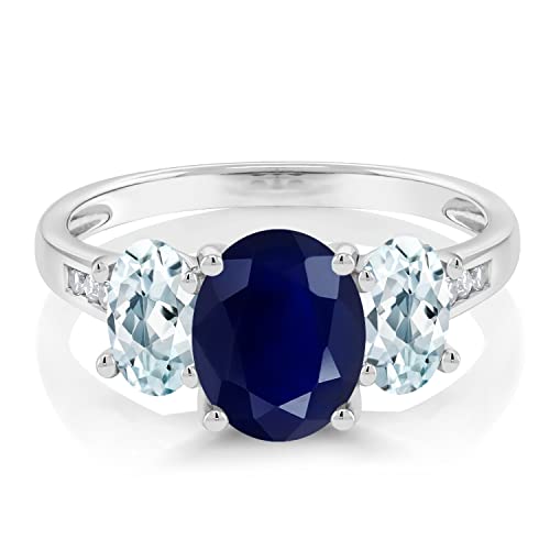 Gem Stone King 10K White Gold Gemstone Birthstone Aquamarine and Diamond Accents 3-Stone Engagement Ring for Women | Oval 8X6MM and 6X4MM | Elegant Wedding Anniversary Promise Ring | Size 5-92