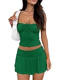 Tongmingyun Womens Summer 2 Piece Outfits Y2k Crop Tube Tops and Pleated Mini Skirts Beach Sets Green