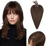 S-noilite Topper de Cabello con Flequillo, 27g Topper de Pelo Natural Aire Flequillo, Pelo Humano con Clip para Mujer, 3 Clips Invisible Cabello Humano de con Encaje Base, 25CM Marrón Oscuro #2R