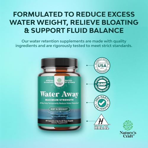 Water Away Herbal Diuretic Pills High Strength - Fluid Retention Supplement with Dandelion Leaf Extract & Green Tea for Bloating Relief for Women & Men - Capsules for Leg & Feet Swelling - 60 Count