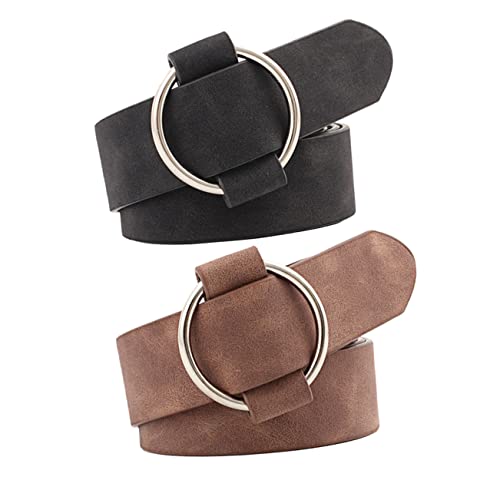 2Pcs Wide PU Leather Women Waist Belt with Round Pin Buckle Solid Color Girdle Black Coffee Durable Fashion Accessory for Shorts Jeans Dresses
