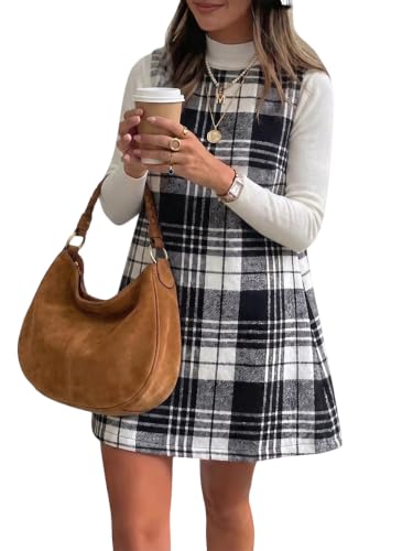 Plaid Dresses for Women 2026 Fall Winter Wool Tartan Cute Mini Dress BKXS