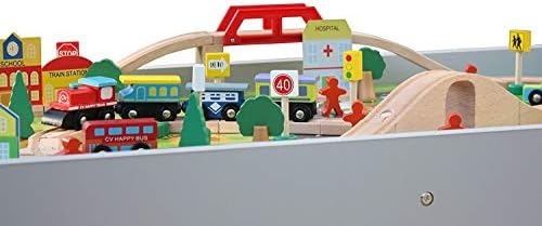 Kids Wooden Activity White Table and 90 Piece Train Set Car Track + Accessories For Xmas Birthday Gift HYGRAD®