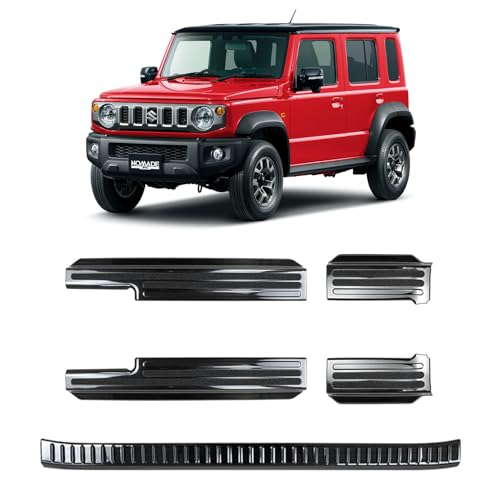 VKINGER ジムニーノマド JC74 5ドア パーツ セット割 サイドステップスカッフプレート&ラゲッジ スカッフプレート 5P 縞鋼板柄 ヘアライン 内装 カスタム パーツ 保護 アクセサリー NOMADE JC74W (ブラックヘアライン)