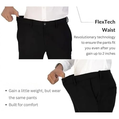 Image of Men's Chinos Stretchable Trousers with Expandable Waist - Lycra Cotton Blend Formal Casual Pants | Skin Friendly Solid Regular Fit