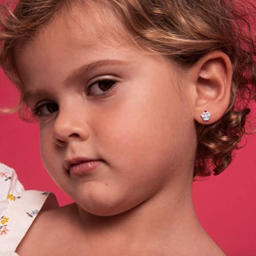 925 Sterling Silver Colorful Enamel Cupcake Screw Back Earrings For Young Girls And Pre-Teens, Cupcake Girl Studs For Daily Use- Colorful Stud Earrings For Girls, Girly Cupcake Earrings #TOP27