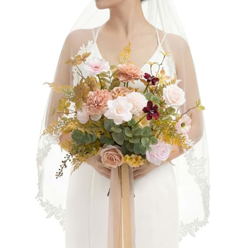 Ling's moment Wedding Bouquets for Bride, 13 Inch Powder Pink & Sand Beige