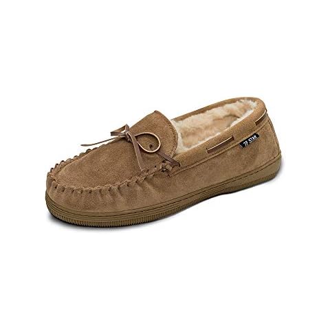 Men's Genuine Suede Leather Faux Fur Lined Moccasin Slippers,Classic Flat Slip On Indoor Outdoor Moccasins for Men Brown Size: 7 UK Cover